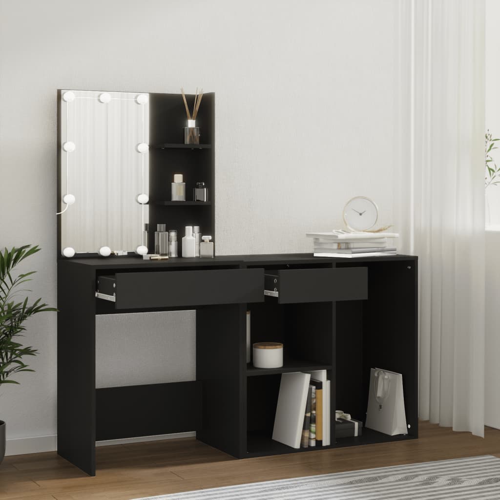 E-shop Multidom Toaletný stolík s LED a skrinkou čierny kompozitné drevo