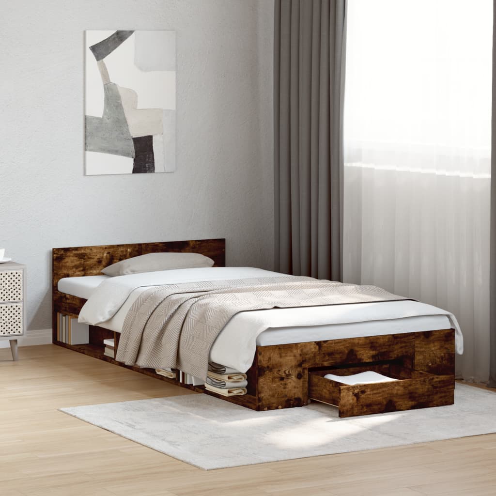 E-shop Multidom Posteľný rám so zásuvkou dymový dub 100x200 cm kompozitné drevo
