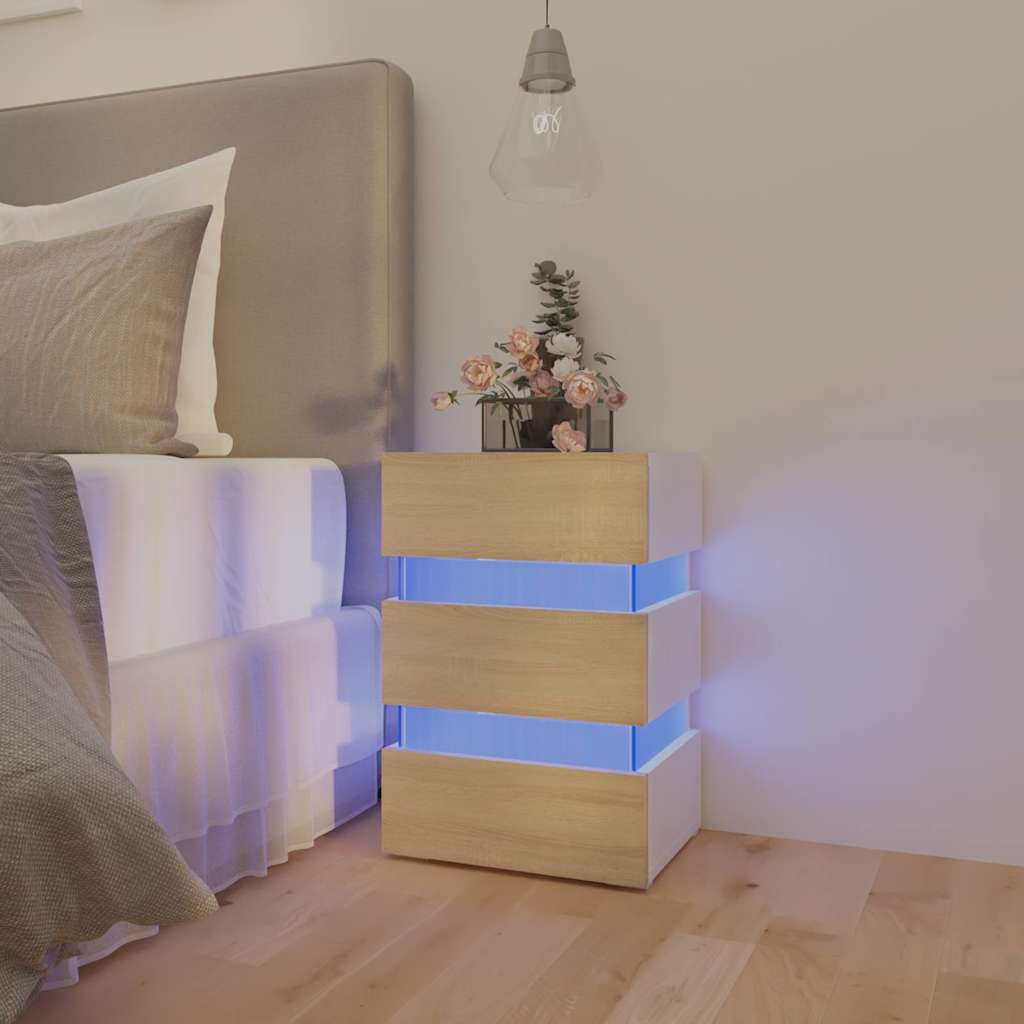 E-shop Multidom Nočný stolík s LED, biela a sonoma 45x35x67cm, kompozitné drevo