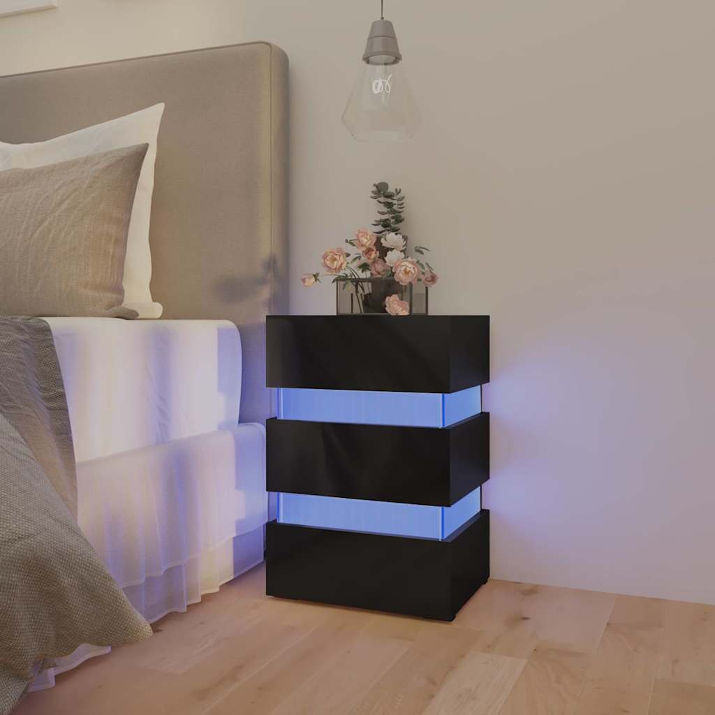 E-shop Multidom Nočný stolík s LED, lesklý čierny 45x35x67 cm, kompozitné drevo