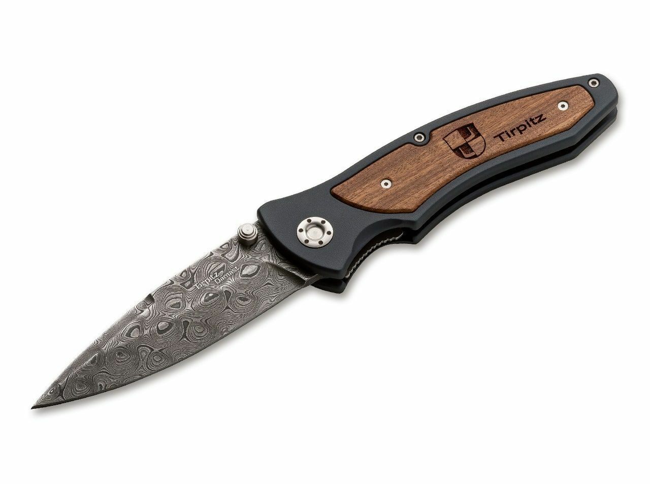 E-shop Böker Manufaktur Solingen 110190DAM Tirpitz-Damascus vreckový nôž 9,9 cm, damašek, hliník, orech