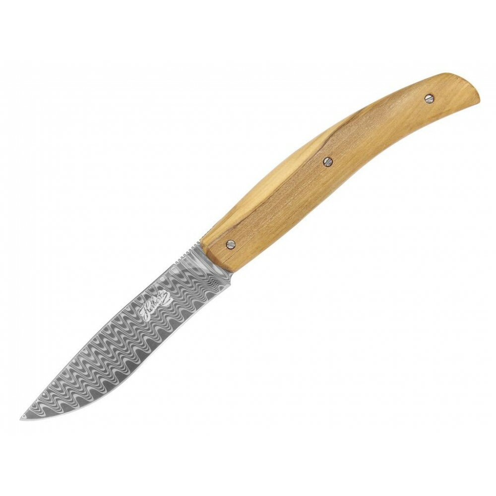 E-shop Herbertz 53022 Damast Olive vreckový nôž 8,5cm, damašek, olivové drevo