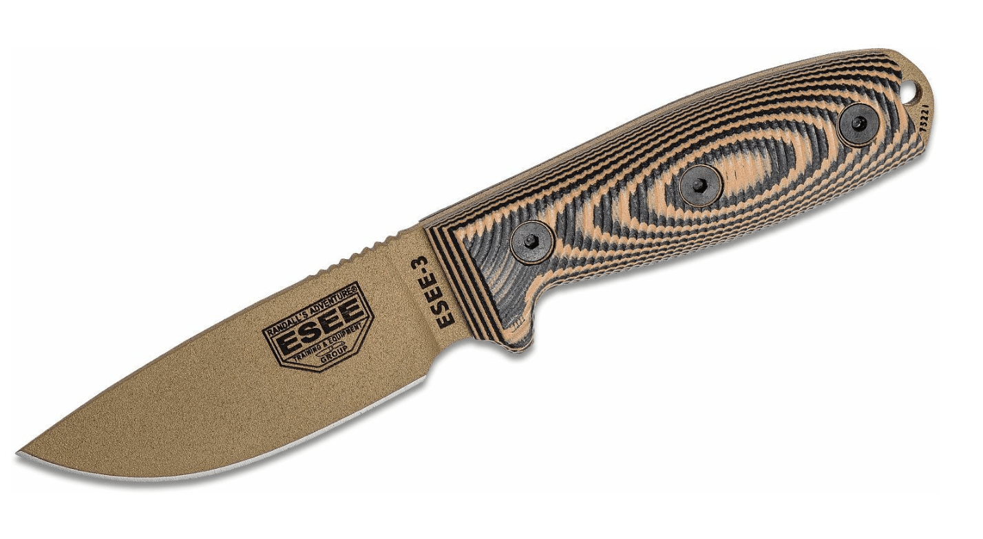 E-shop ESEE 3PMDE-005 Model 3 3D Dark Earth nôž na prežitie 8,8 cm, G10, čiernohnedá, čierne puzdro