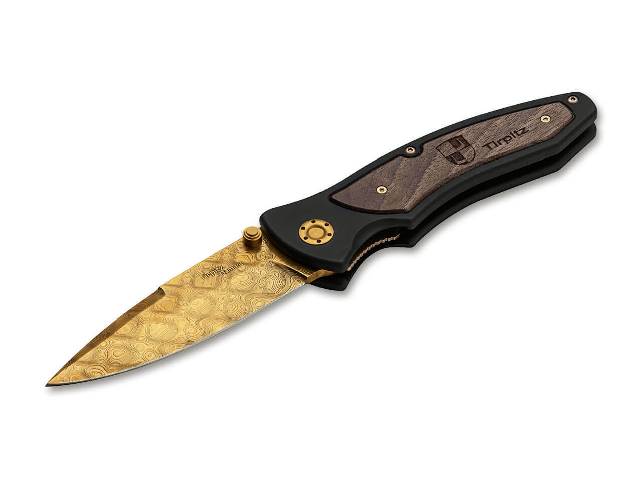 E-shop Böker Manufaktur Solingen 110194DAM Tirpitz-Damascus Gold zberateľský nôž 9,9cm, zlatý, orech