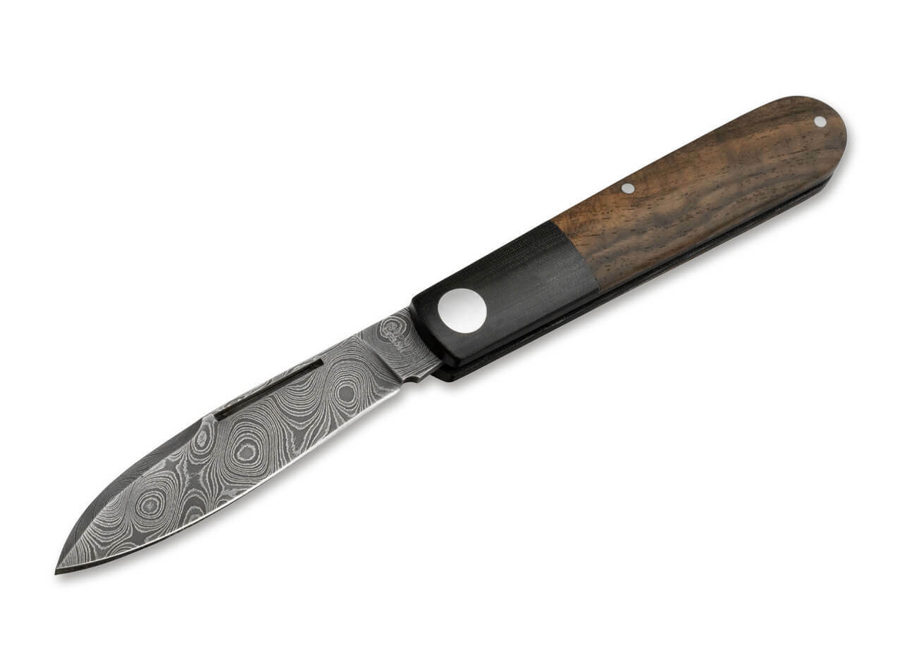 Böker Manufaktur Solingen 117942DAM Barlow Prime Tirpitz-Damascus damaškový nôž 6,9cm, micarta,orech