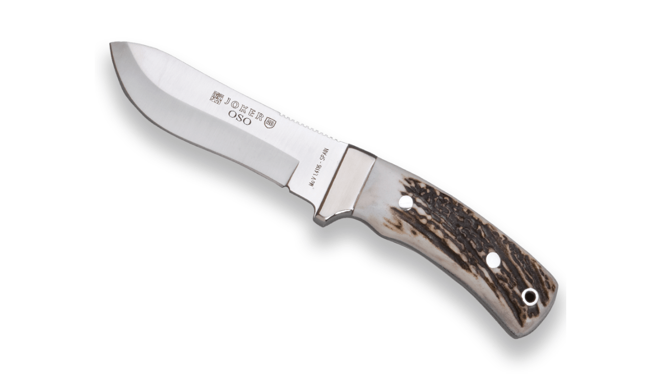 JOKER CC49 OSO lovecký nôž 12 cm, Satin, paroh, kožené puzdro