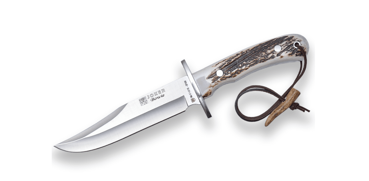 JOKER CC96 Bowie lovecký nôž 16 cm, paroh, kožené puzdro, šnúrka