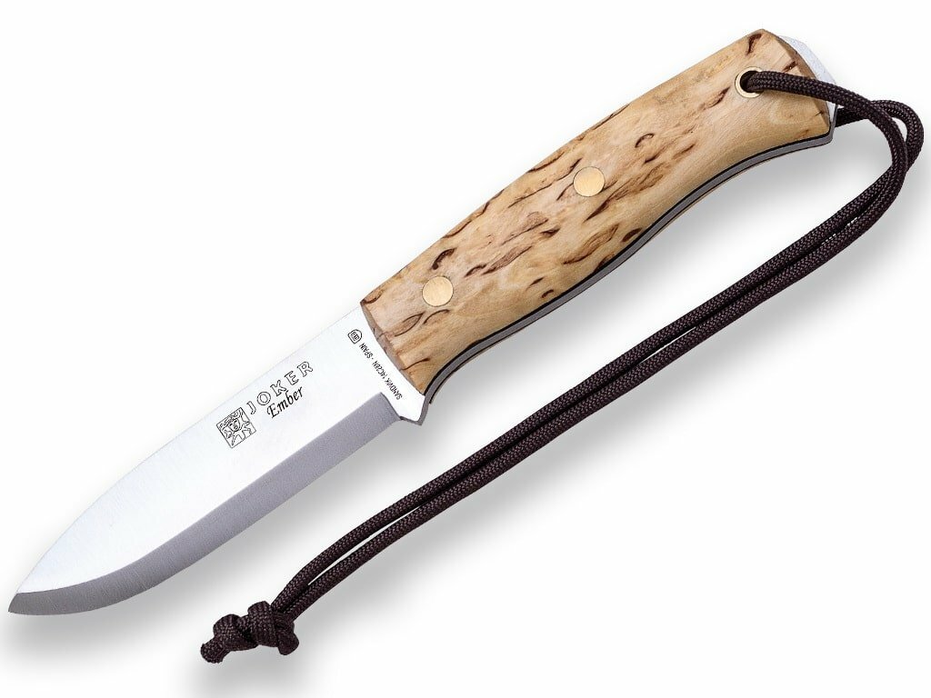 E-shop JOKER CL122-P EMBER vonkajší nôž 10,5 cm, drevo kučeravej brezy, kožené puzdro a kresadlo
