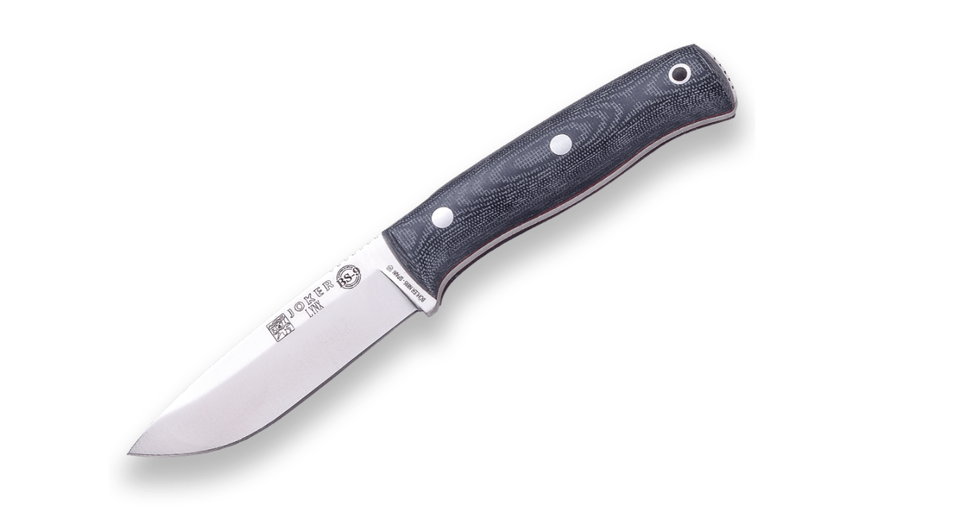 E-shop JOKER CM111-P Lynx vonkajší nôž 10,5 cm, čierna, Micarta, kožené puzdro, kresadlo, šnúrka