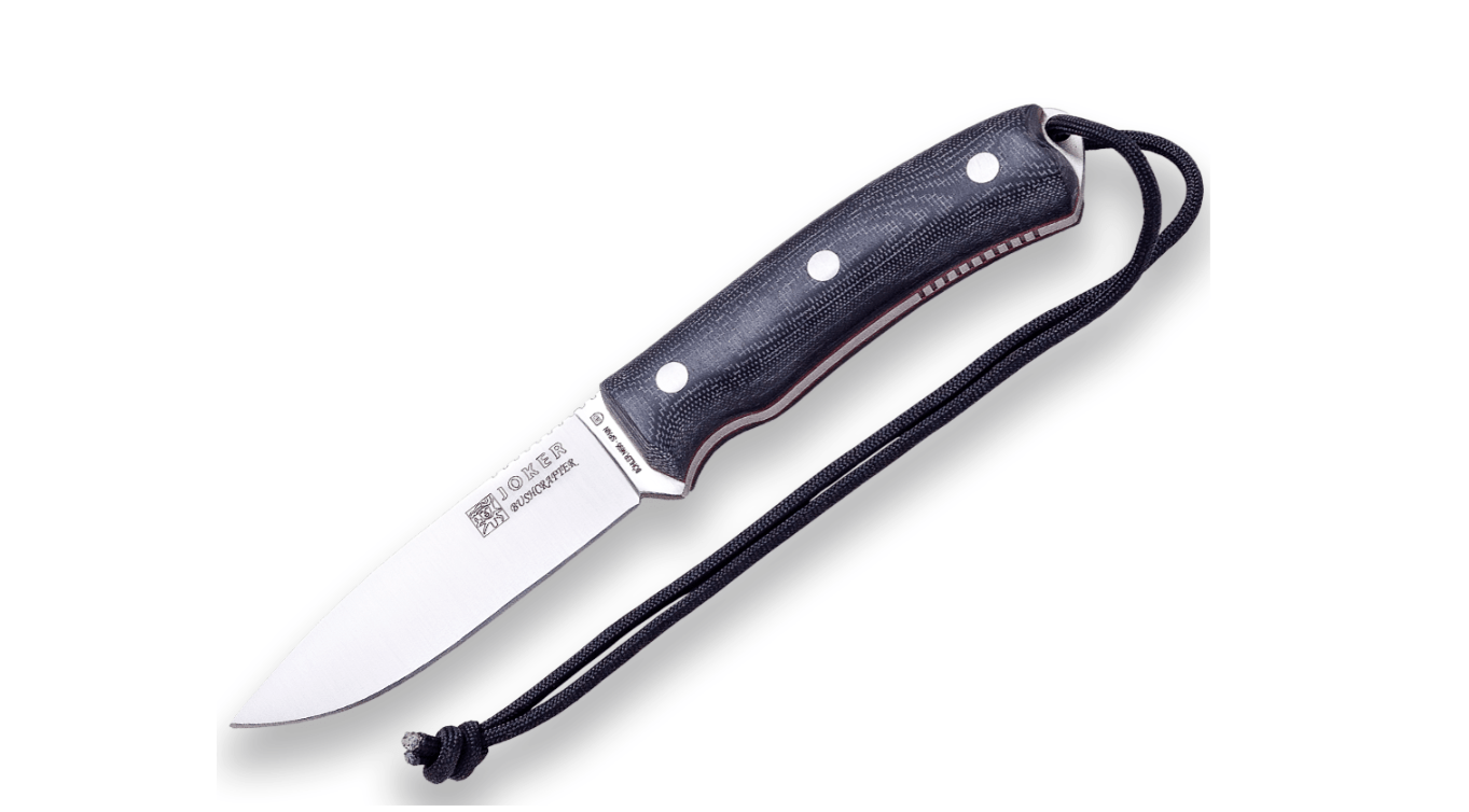 JOKER CM120-P BUSHCRAFTER outdoorový nôž 10,5 cm, čierna, Micarta, kožené puzdro, kresadlo, paracord