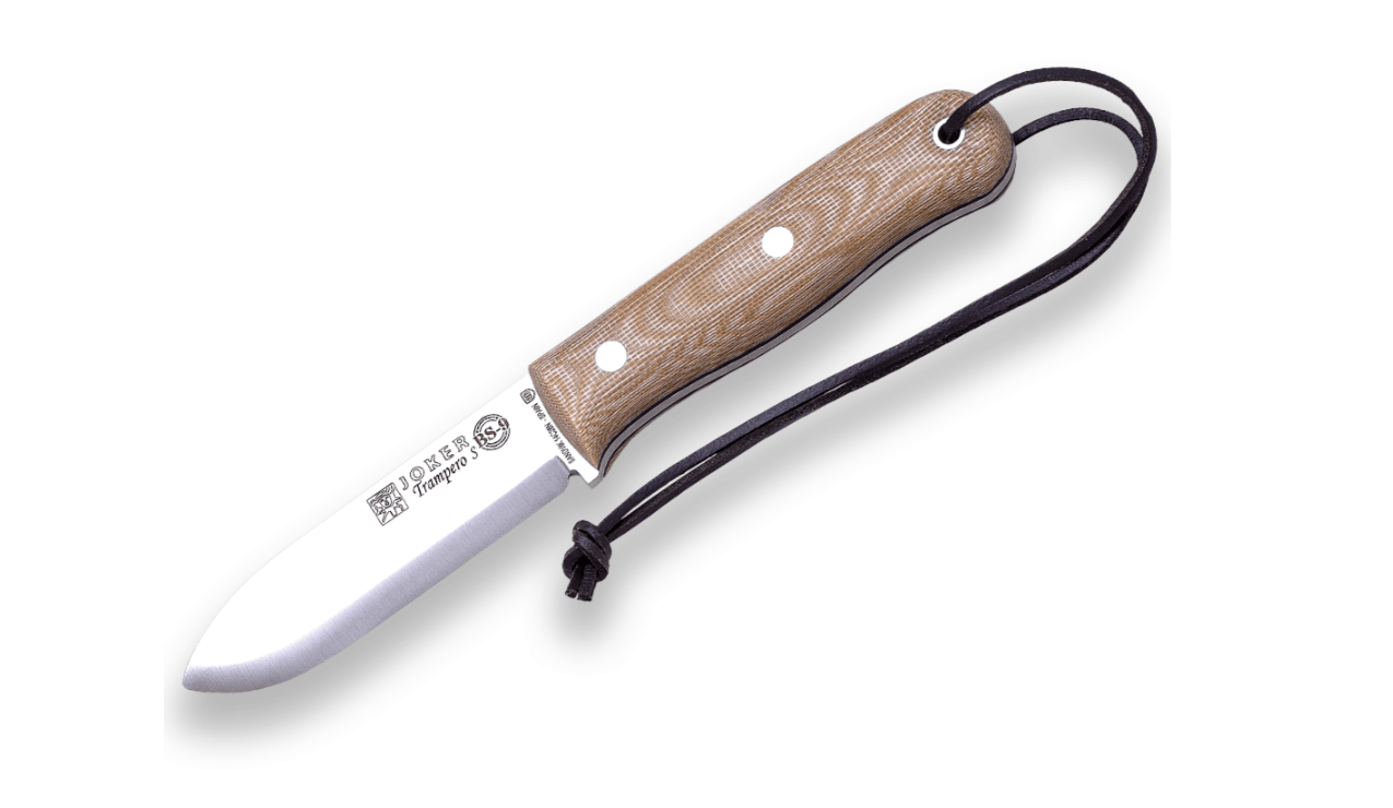 E-shop JOKER CM124-P Trampero vonkajší nôž 10 cm, hnedá Micarta, kožené puzdro, kresadlo