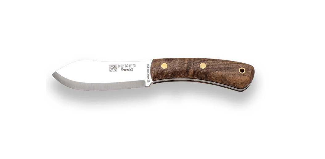 E-shop JOKER CN132-P Nessmuk Scandi outdoorový nôž 11 cm, orechové drevo, kožené puzdro, kresadlo