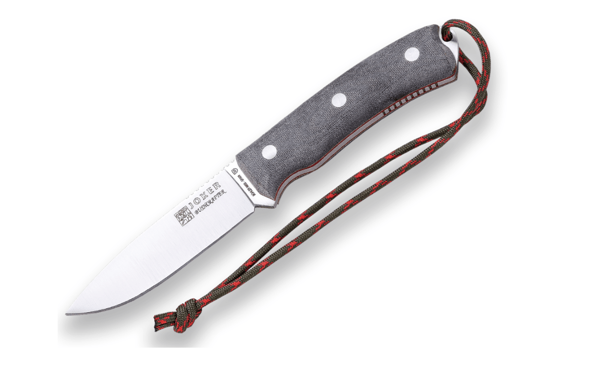 E-shop JOKER CV120-P BUSHCRAFTER outdoorový nôž 10,5 cm, šedá, Micarta, kožené puzdro, kresadlo, paracord