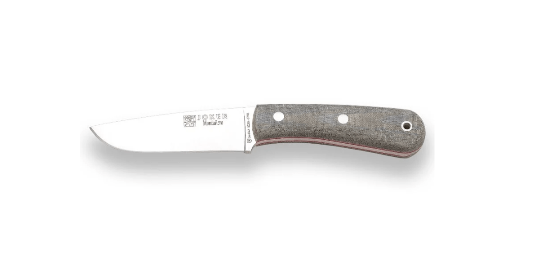 E-shop JOKER CV134-P Montanero vonkajší nôž 11 cm, Satin, šedá, Micarta, kožené puzdro, kresadlo