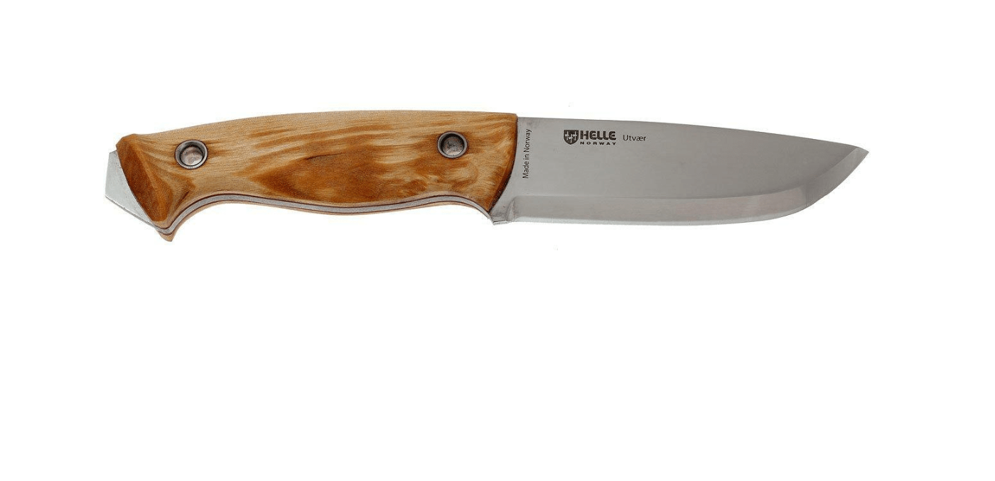 E-shop Helle HE-200600 Utvaer outdoorový nôž 10 cm, drevo kučeravej brezy, kožené puzdro