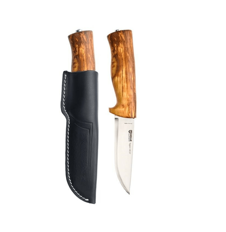 E-shop Helle HE-201075 Eggen - 12C27 outdoorový nôž 10 cm, kučeravá breza, kožené puzdro