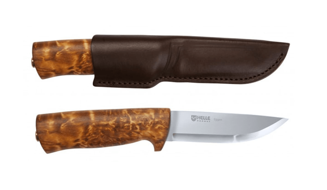 E-shop Helle HE-200075 Eggen vonkajší nôž 10 cm, drevo kučeravej brezy, kožené puzdro