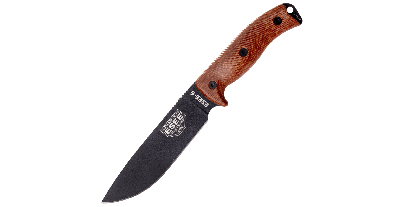 E-shop ESEE 6PB-011 Model 6 nôž na prežitie 16,5 cm, čierna čepeľ, hnedá Micarta, puzdro Kydex