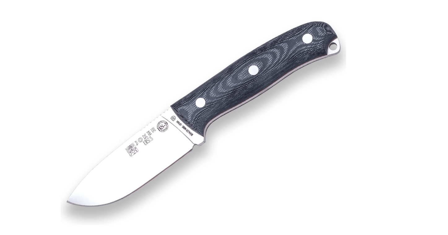 E-shop JOKER CM116-P URSU vonkajší nôž 10 cm, čierna, Micarta, kožené puzdro, kresadlo, paracord 2m