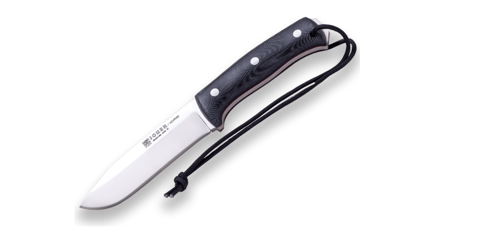 E-shop JOKER CM125-P NOMAD vonkajší bushcraft nôž 12,7 cm, čierna, Micarta, kožené puzdro, kresadlo