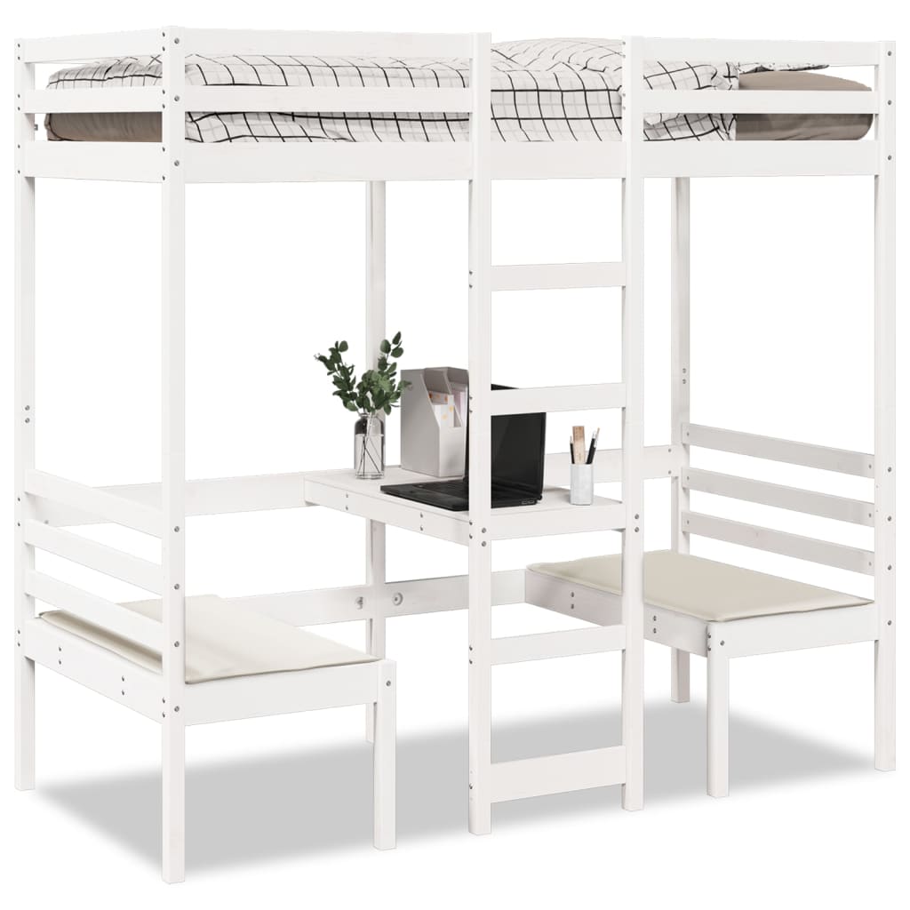E-shop Multidom Vyvýšená posteľ+stôl, stoličky, biela 90x190cm borovicový masív