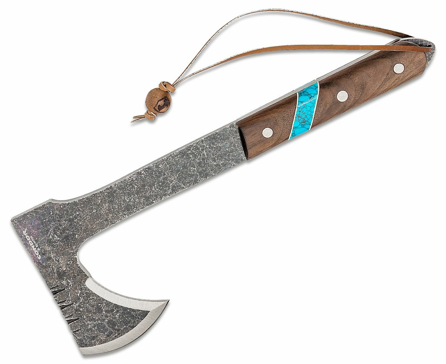 E-shop Condor CTK2826-HC BLUE RIVER TOMAHAWK sekera tomahawk 529g, orechové drevo, tyrkys, kožené puzdro