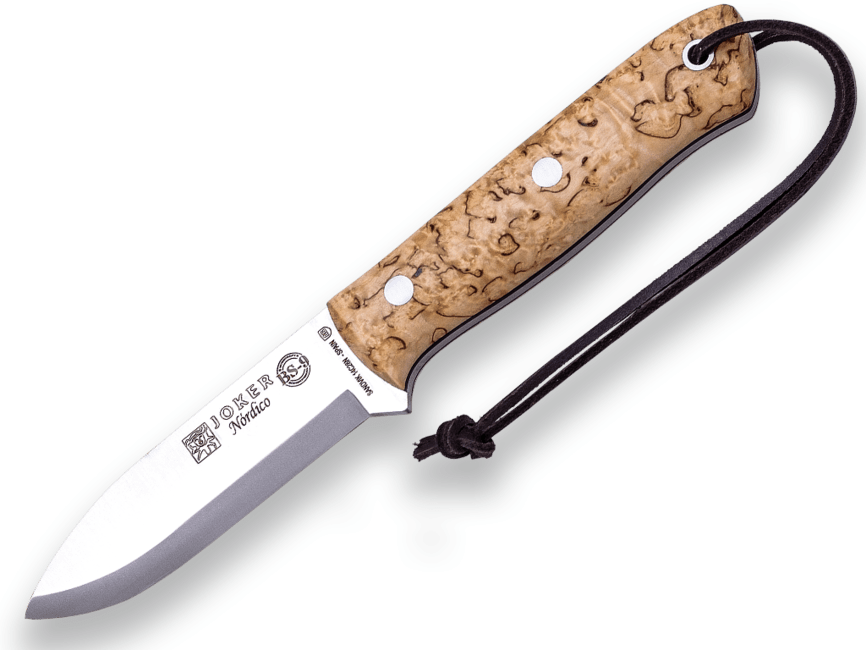 E-shop JOKER CL115 NÓRDICO vonkajší nôž 10 cm, drevo kučeravej brezy, kožené puzdro