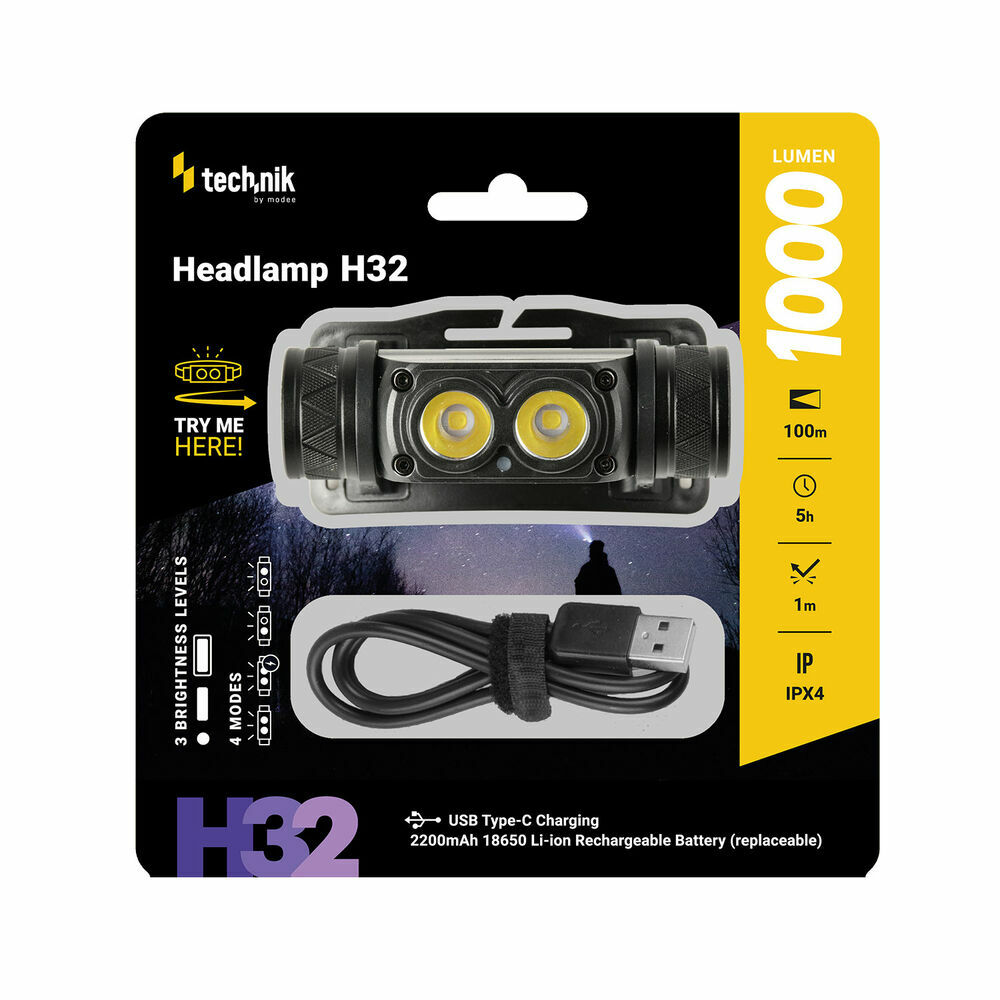 E-shop Technik MT-H32 nabíjateľná čelovka LED OSRAM P9, USB-C, 1000 lúmenov, stroboskop