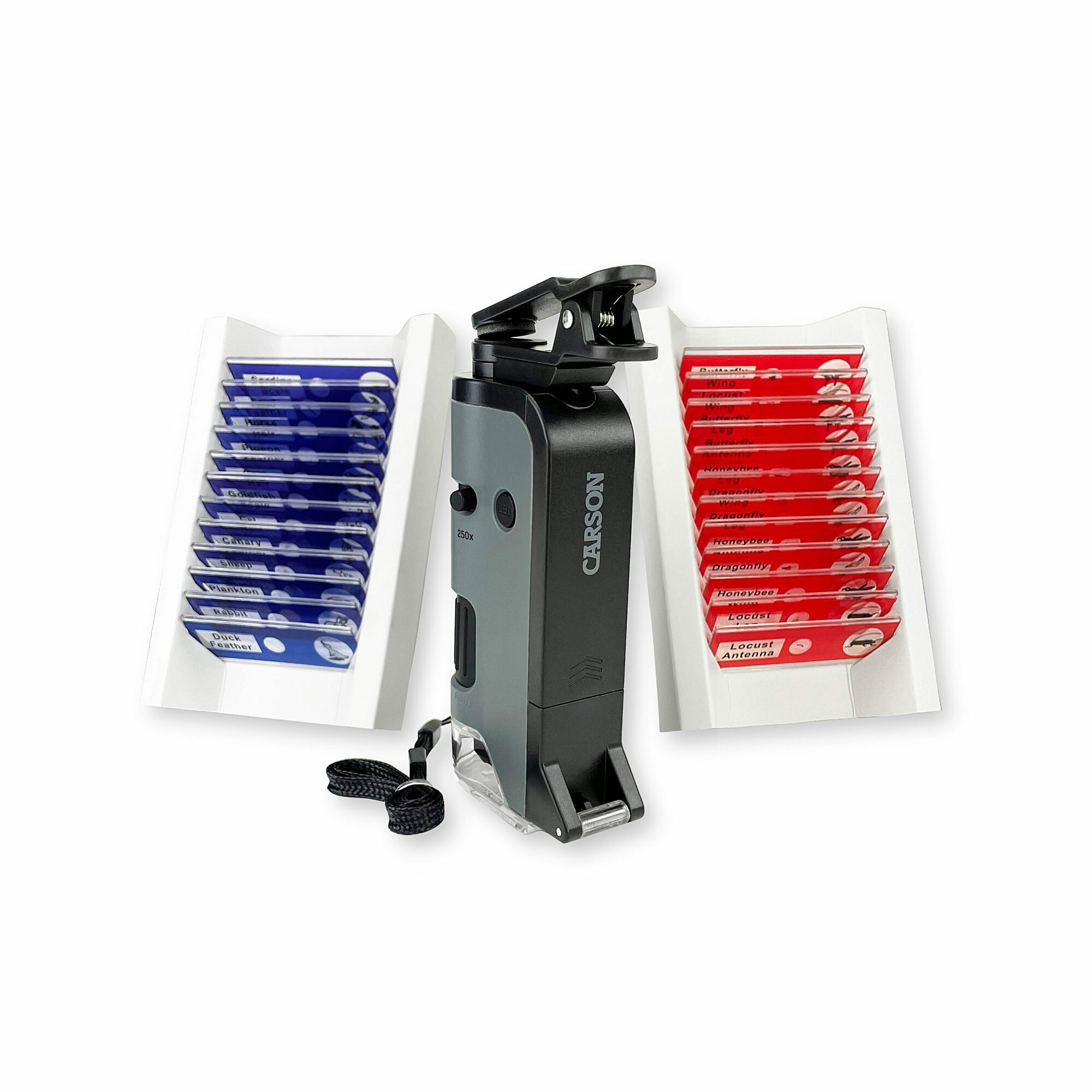 Carson MP-250BUN MicroFlip vreckový mikroskop 100x-250x, LED a UV, adaptér, 24 diapozitívov
