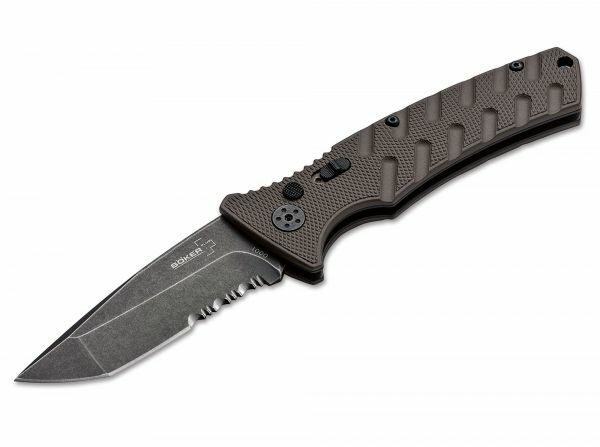 E-shop Böker Plus 01BO425 Strike Tanto Coyote automatický nôž 8,5 cm, Stonewash, hnedá, oceľ, hliník