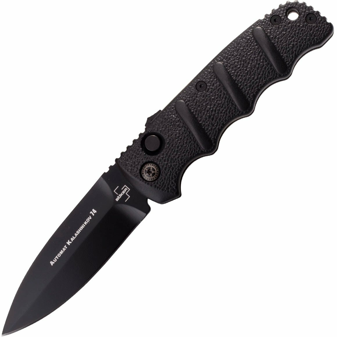 E-shop Böker Plus 01KALS95 AKS-74 Spearpoint D2 automatický nôž 8,5 cm, celočierna, hliník, spona