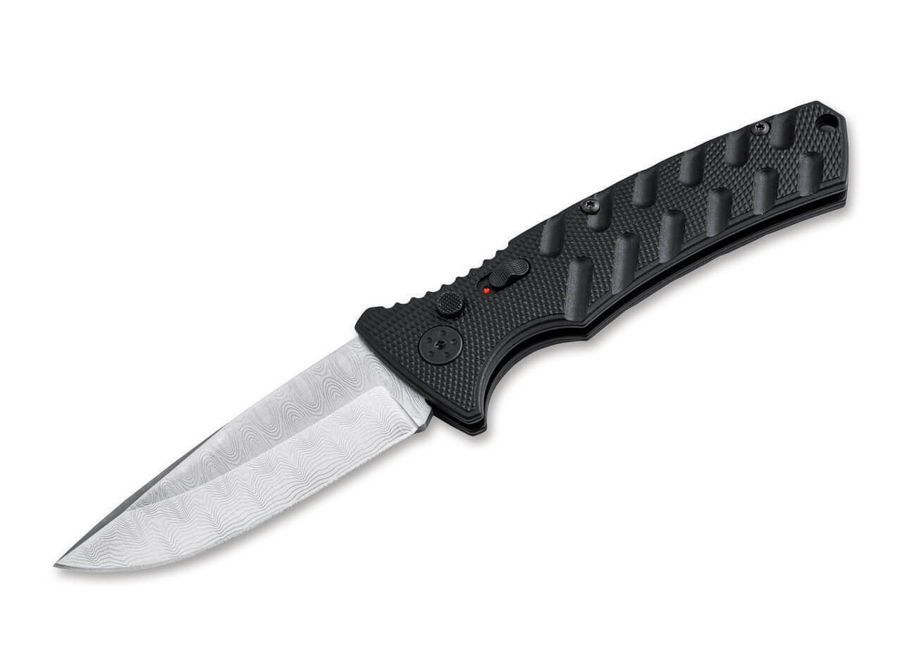 E-shop Böker Plus 01BO507DAM STRIKE DAMASCUS automatický nôž 8,2 cm, damašek, čierna, hliník, puzdro