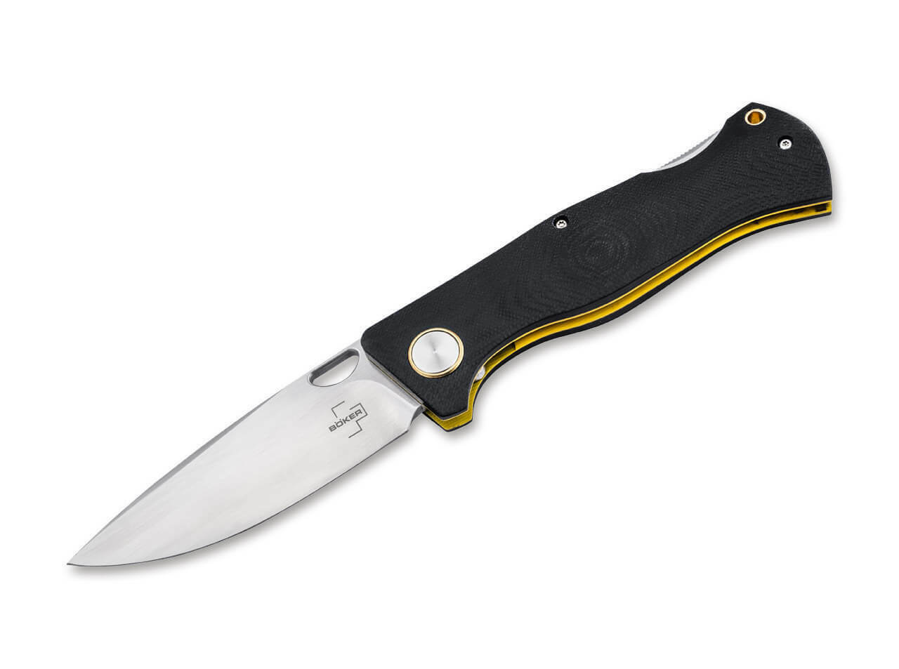 E-shop Böker Plus 01BO545 EPICENTER vreckový nôž 8,8 cm, čierna, žltá, G10, spona, nylonové puzdro