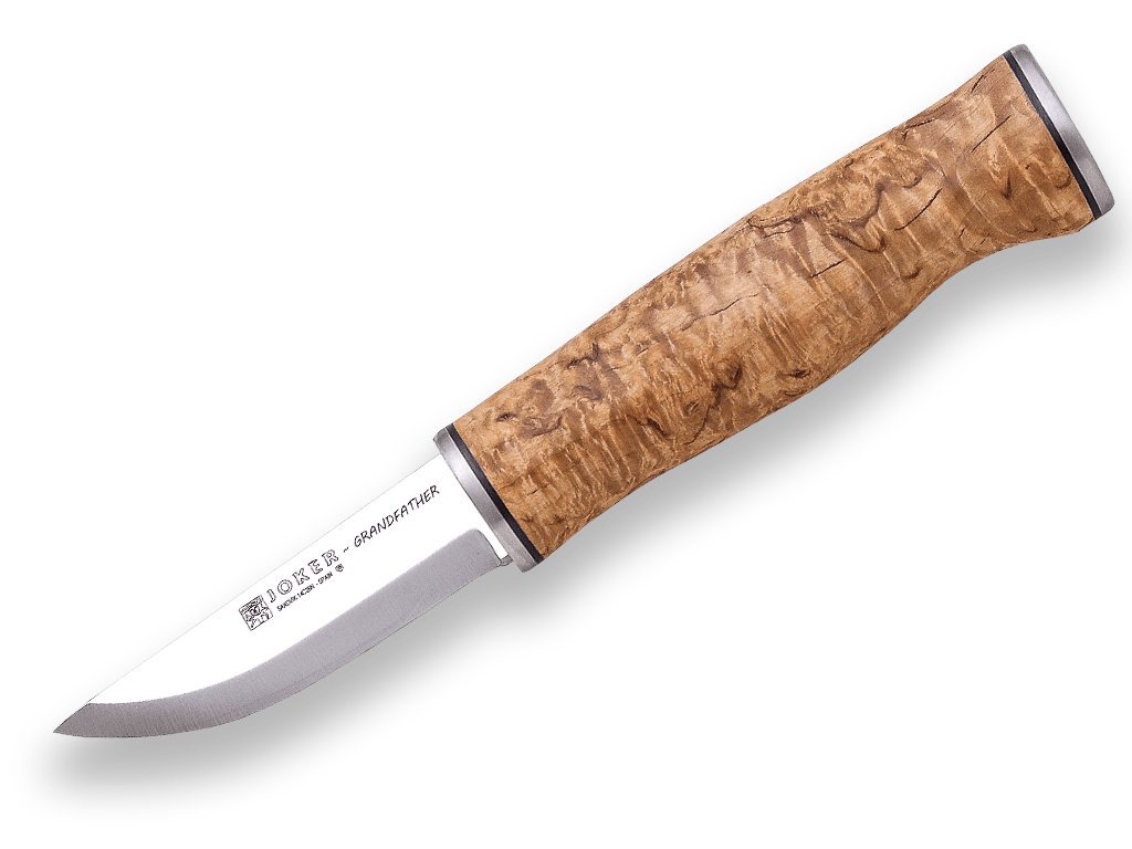 E-shop JOKER CL126 GRANDFATHER bushcraft nôž 8 cm, drevo kučeravej brezy, kožené puzdro