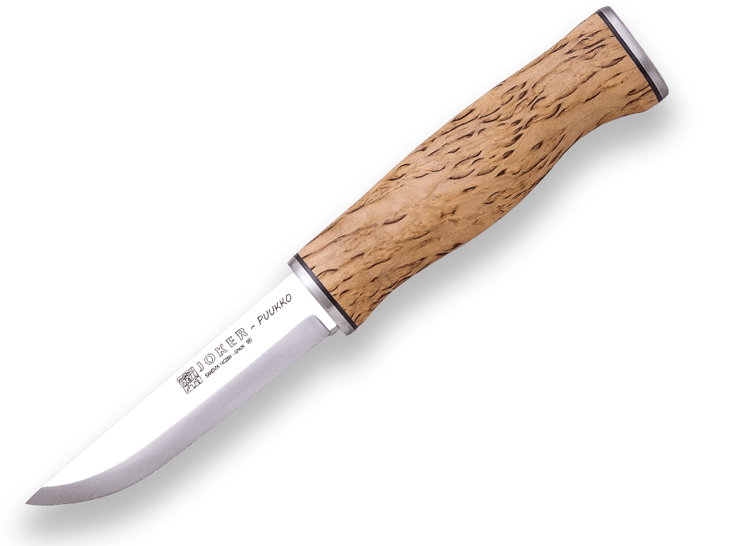 E-shop JOKER CL127 PUUKKO lovecký nôž 10 cm, drevo kučeravej brezy, kožené puzdro