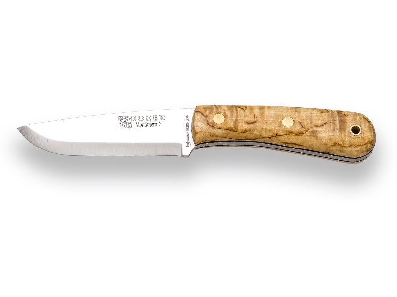 E-shop JOKER CL135 MONTANERO outdoorový nôž 11 cm, drevo kučeravej brezy, kožené puzdro