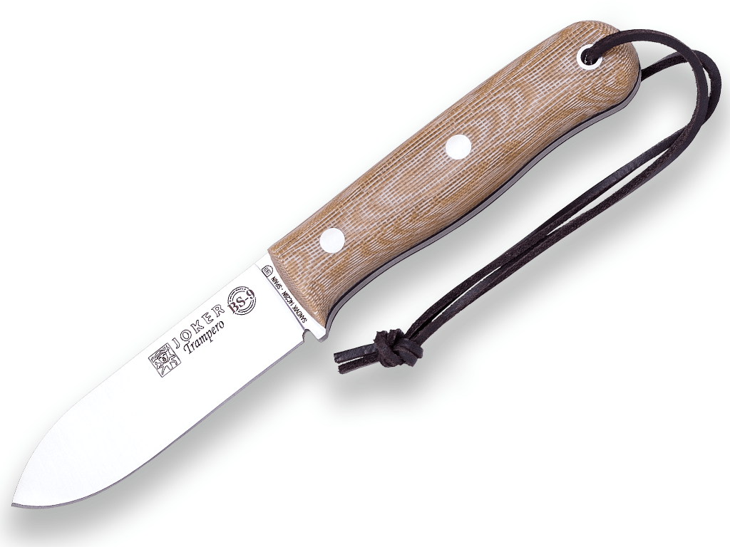 E-shop JOKER CM113-P TRAMPERO outdoorový nôž 10 cm, hnedá, Micarta, kožené puzdro, kresadlo