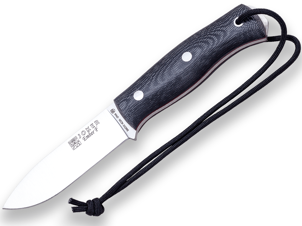 E-shop JOKER CM123 EMBER FLAT outdoorový nôž 10,5 cm, čierna, Micarta, kožené puzdro, paracord
