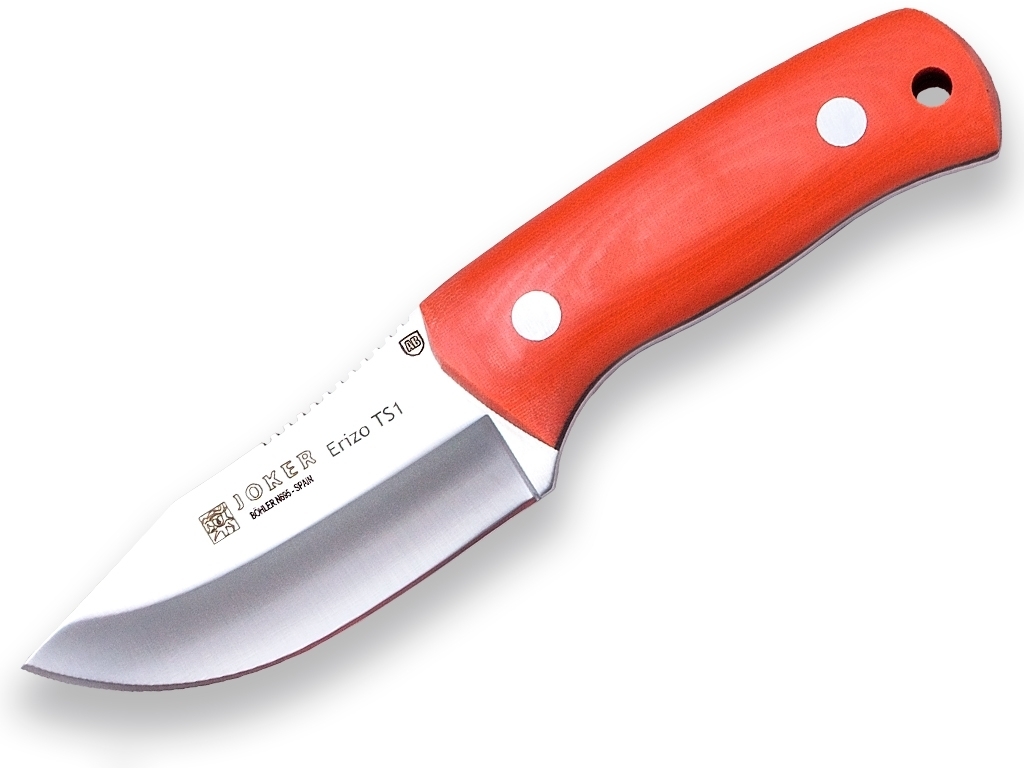 JOKER CN81-P ERIZO TS1 outdoorový nôž 7,5 cm, oranžová, Micarta, kožené puzdro, kresadlo