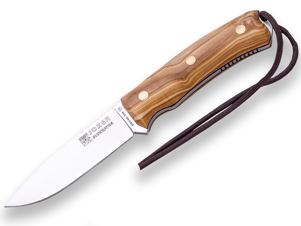 E-shop JOKER CO120 BUSHCRAFTER outdoorový nôž 10,5 cm, olivové drevo, kožené puzdro, paracord