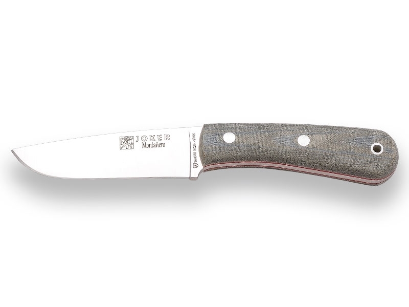 E-shop JOKER CV134 Montanero outdoorový nôž 11 cm, Satin, šedá, Micarta, kožené puzdro