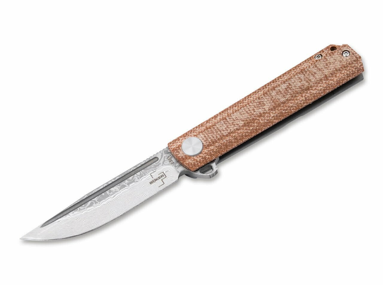 E-shop Böker Plus 01BO479DAM Cataclyst vreckový nôž 7,8 cm, damašek, hnedá, Micarta, spona, nylonové puzdro