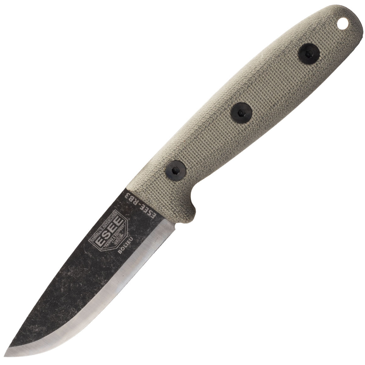 E-shop ESEE ESEE-RB3-BO Camp-Lore bushcraft nôž 8,9 cm, Stonewash Black oxid, hnedá Tan, Micarta, kožené puzdro