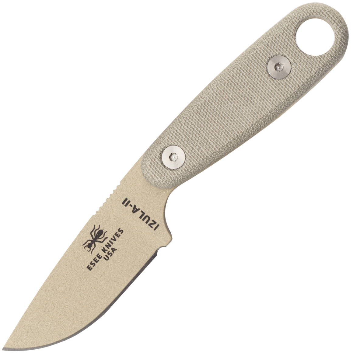 E-shop ESEE IZULA-II-DT nôž na krk 7,3 cm, púštna hnedá, Micarta, čierne plastové puzdro