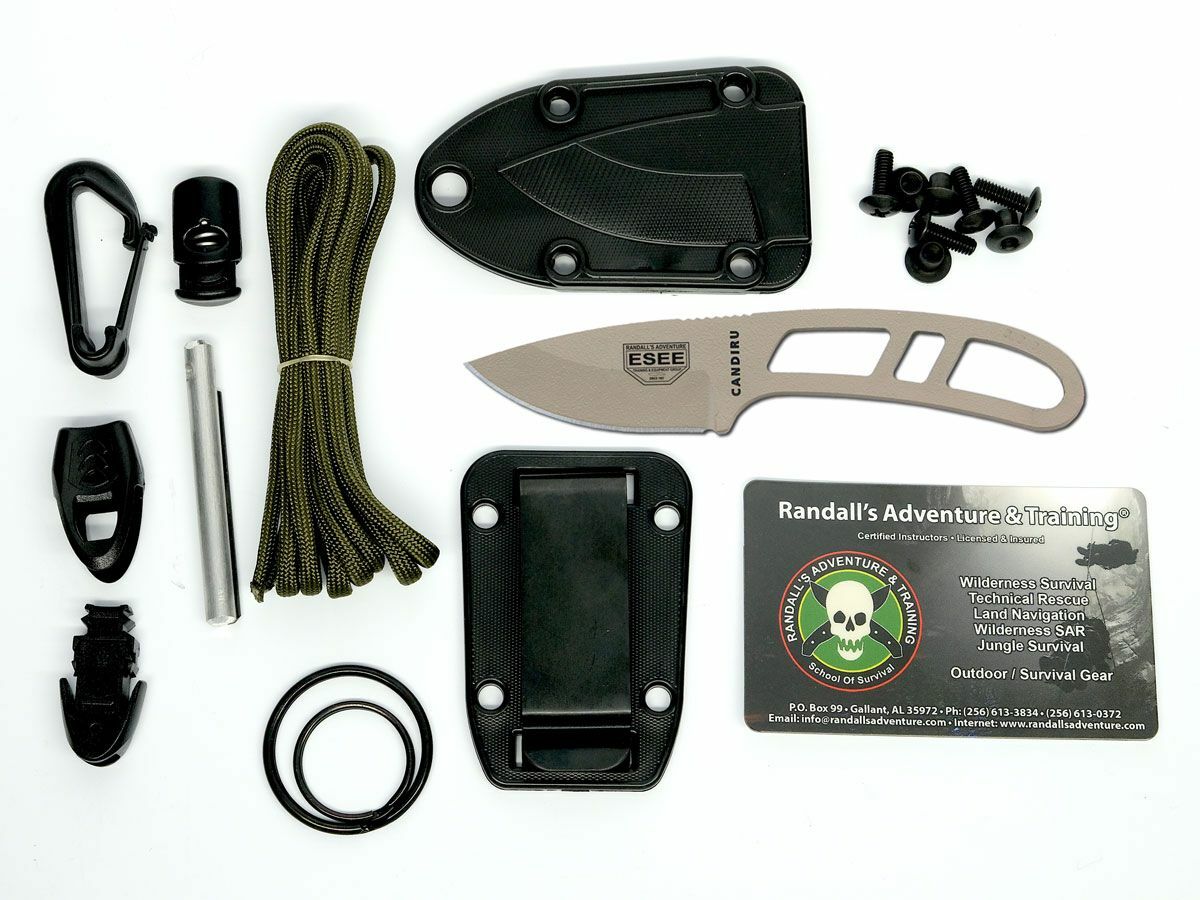 E-shop ESEE CAN-DT-KIT-E DesertTan Candiru malý nôž na krk 5cm, pieskovo hnedá, puzdro, súprava na prežitie