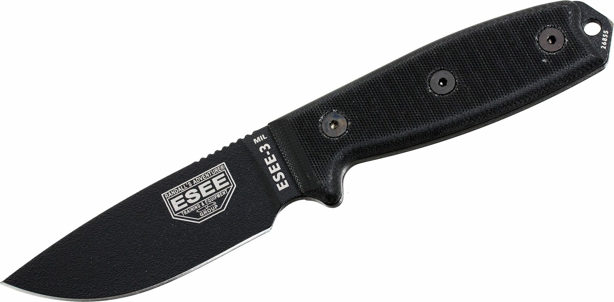 E-shop ESEE-3MIL-P-BLK ESEE 3 univerzálny nôž 9,8 cm, celočierny, G10, plastové puzdro