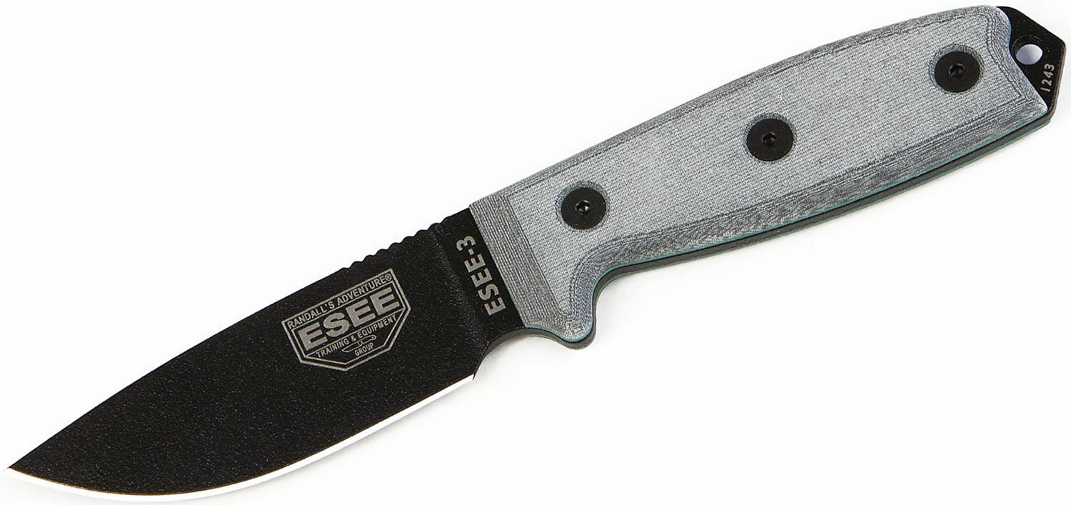 E-shop ESEE ESEE-3P univerzálny taktický nôž 9,8 cm, čierna, šedá, Micarta, plastové puzdro Coyote Tan