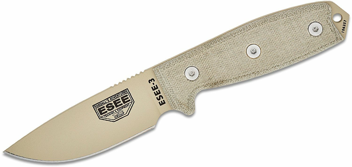 E-shop ESEE-3P-MB-DT ESEE univerzálny pevný nôž 9,8cm, pieskovo-hnedá, Micarta, plastové puzdro OD Green