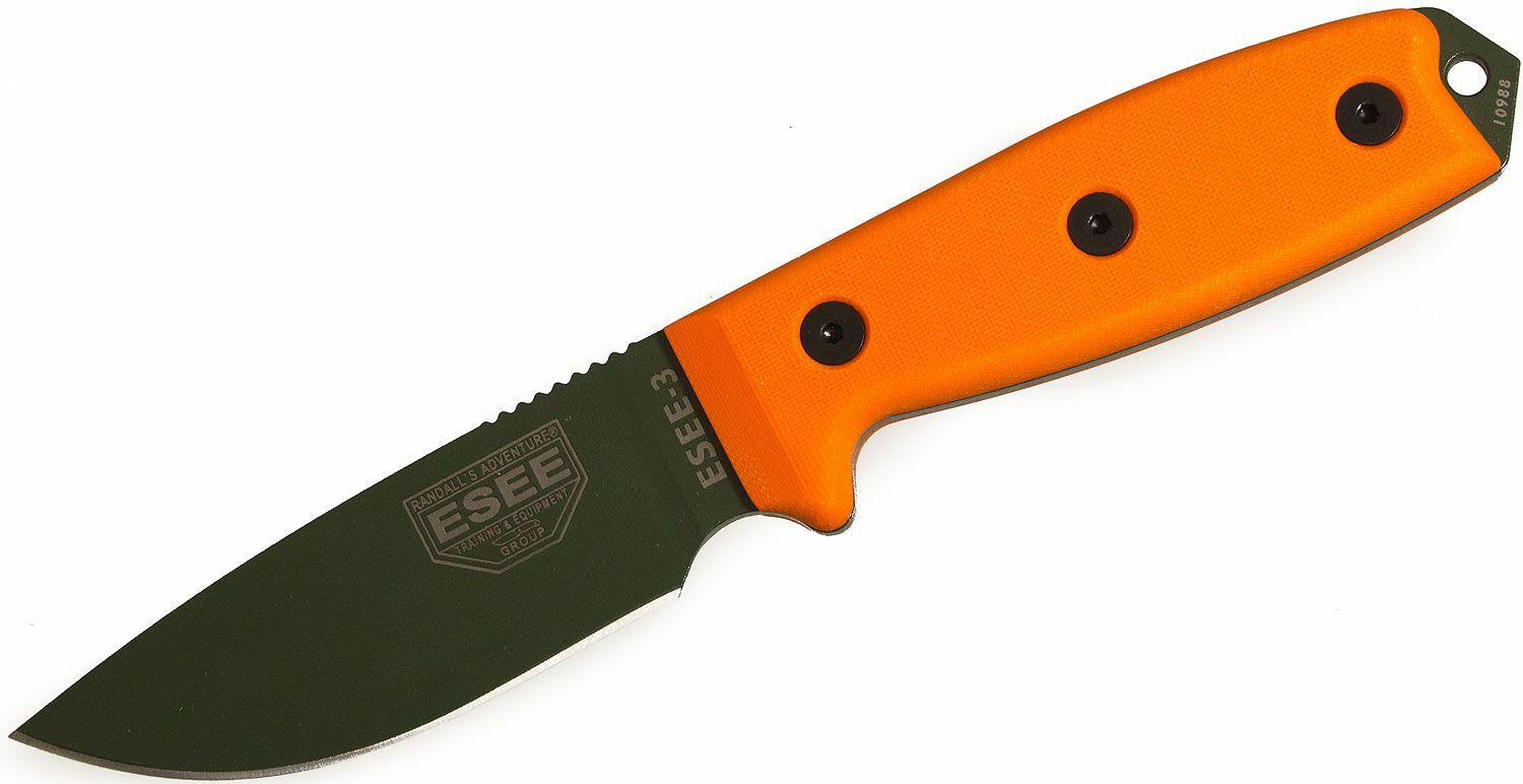 E-shop ESEE-3P-MB-OD ESEE univerzálny pevný nôž 9,8cm, zelená, oranžová, G10, plastové puzdro čierne