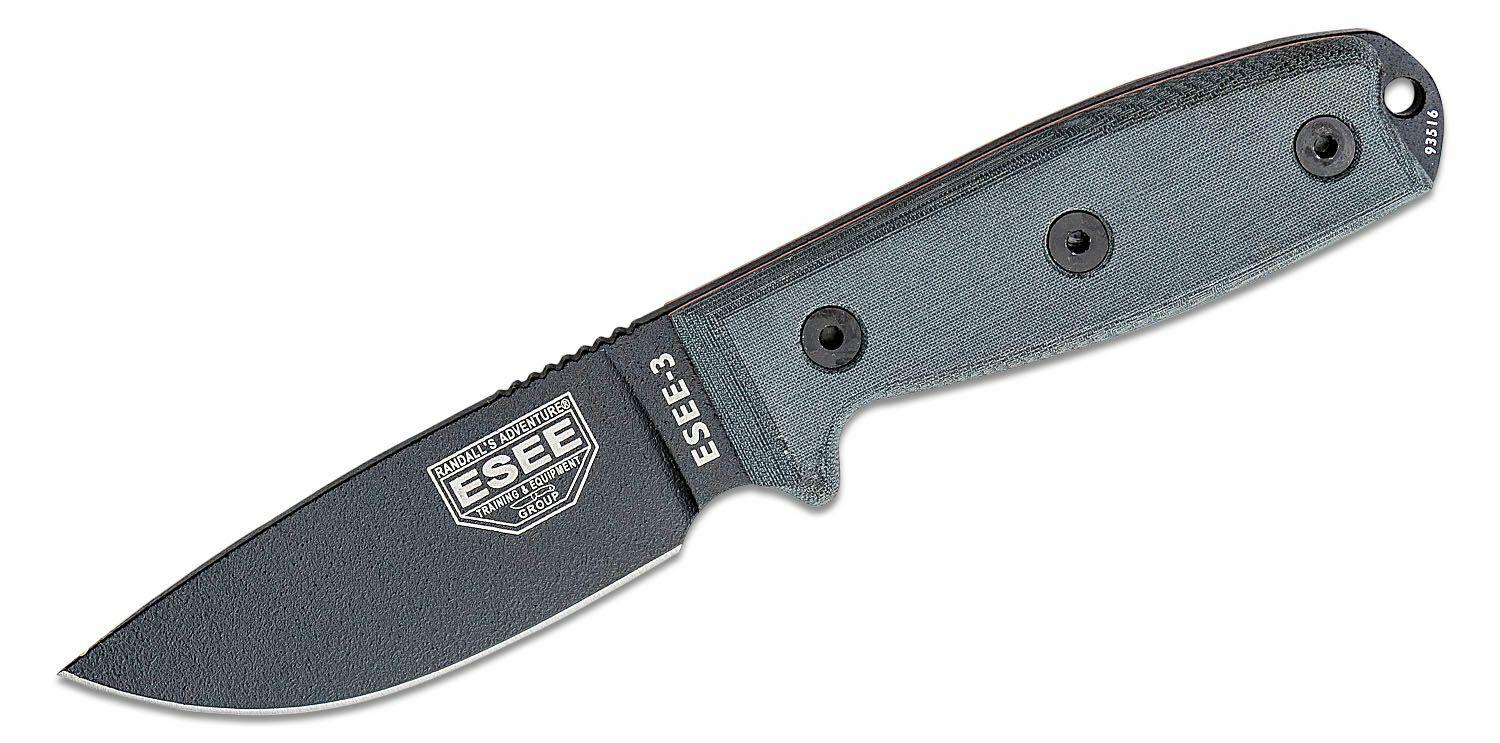 E-shop ESEE ESEE-3PM-MB-B univerzálny pevný nôž 9,8cm, čierna, šedá, Micarta, plastové puzdro čierne